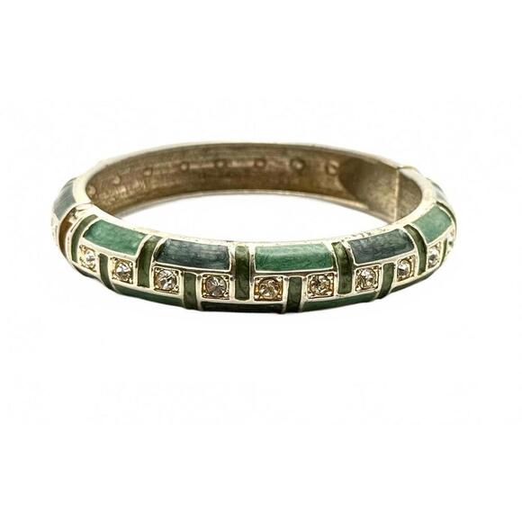 Jewelry - Green Enamel Hinged Bangle Bracelet w/ Rhinestones – Gold Tone – Vintage Style